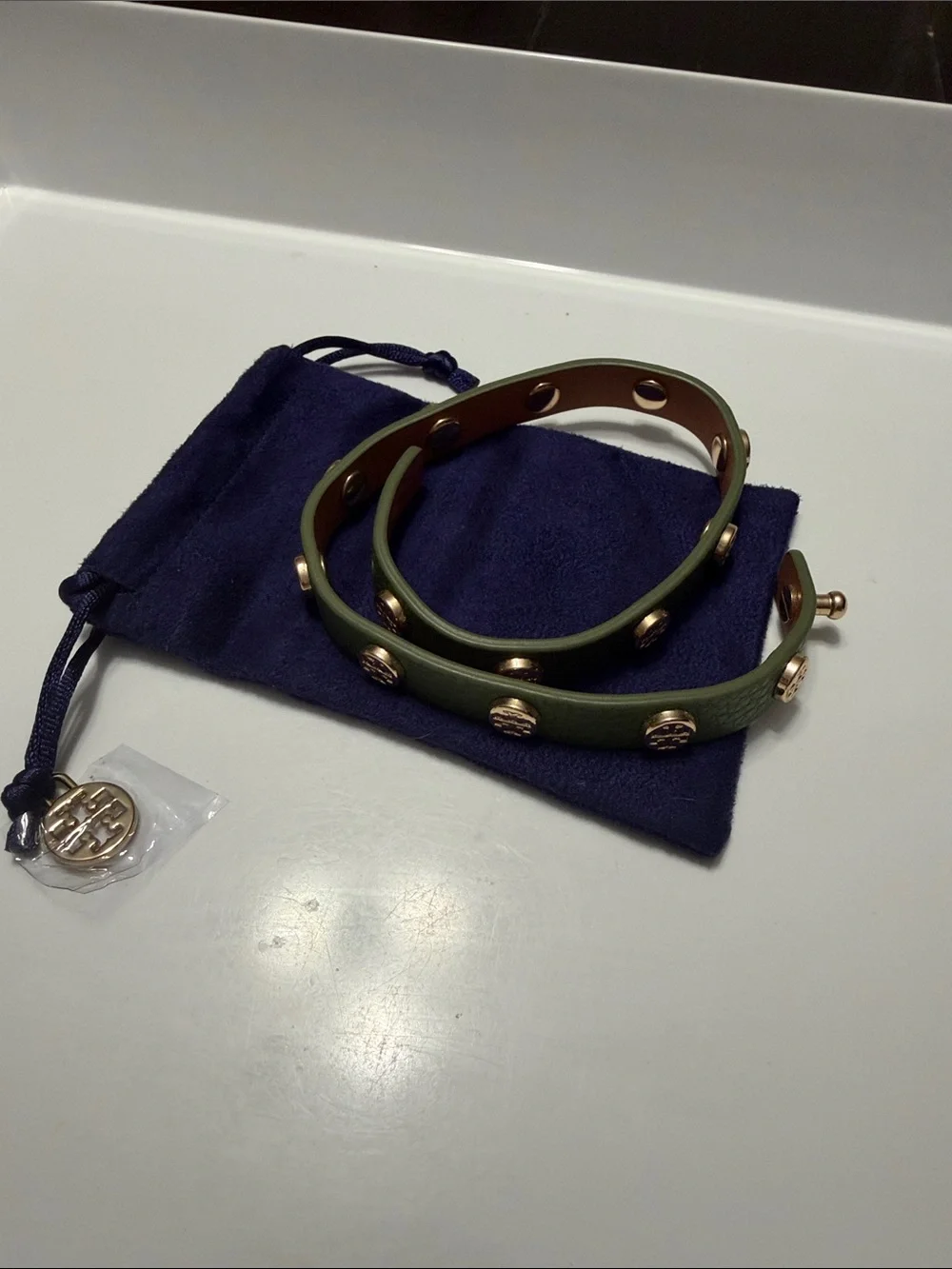 Tory Burch Green Studded Leather Wrap Bracelet with Gold Accents